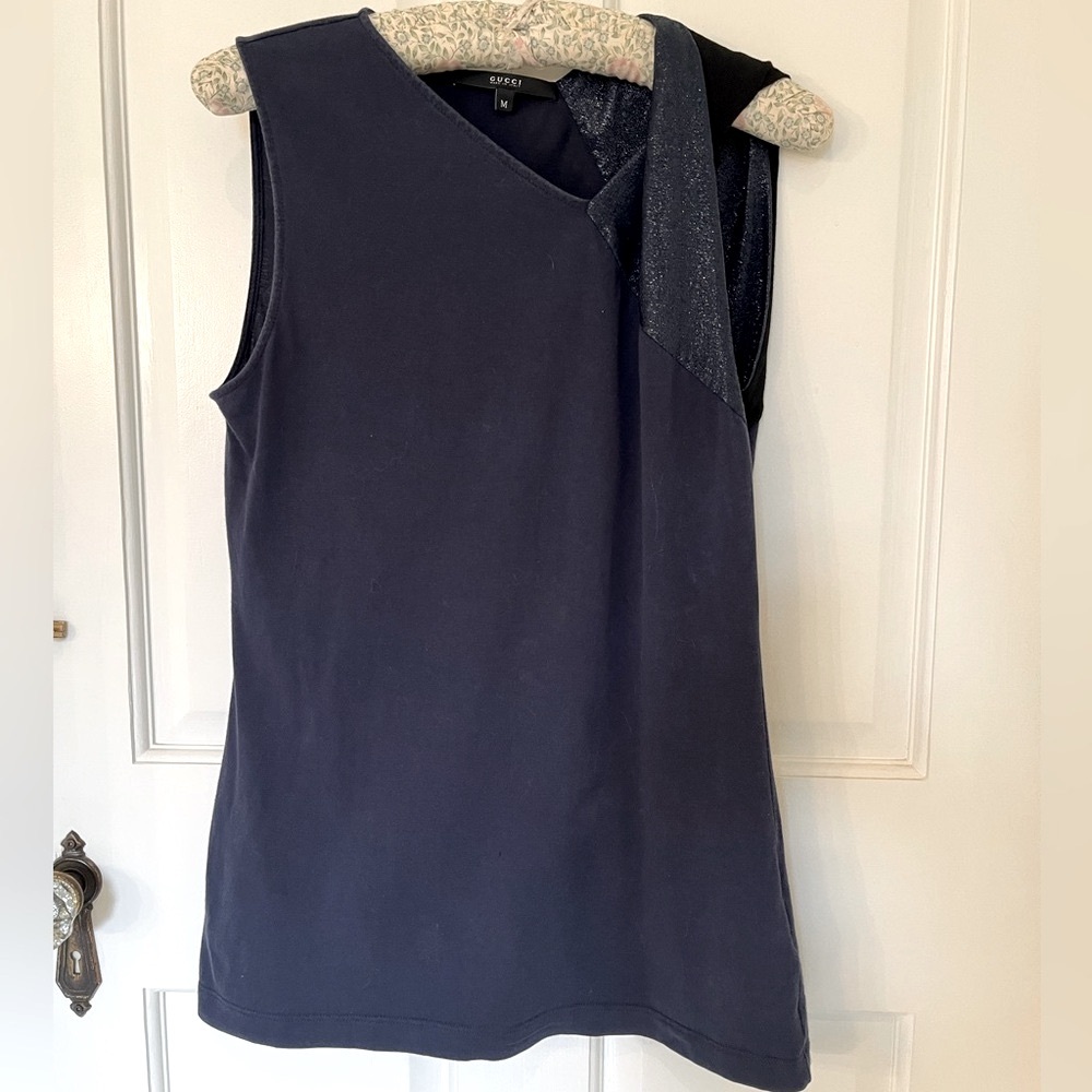 Gucci navy blue sleeveless cotton tank with lurex shoulder panel. Sz M - Picture 2 of 8
